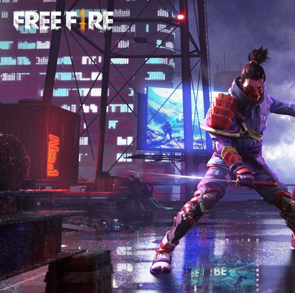 Free Fire Hayato samurai warrior with katana in neon cyberpunk city at night digital art wallpaper
