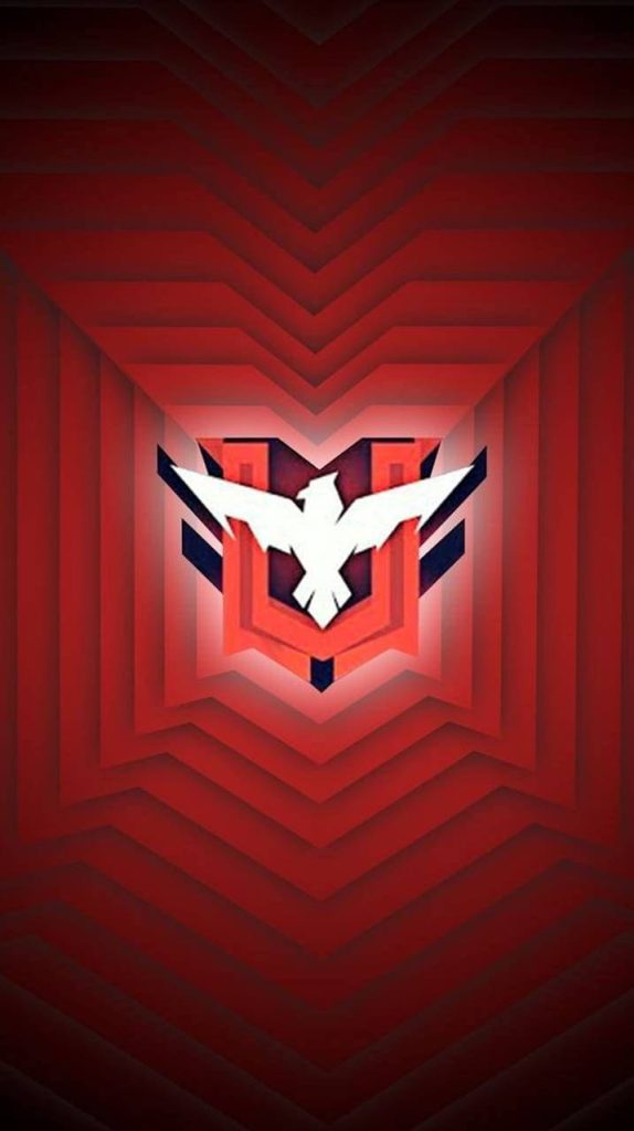 Minimalist Free Fire wallpaper with white Heroic rank eagle on layered red geometric background