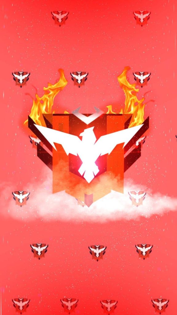 Free Fire Heroic rank logo wallpaper with flames smoke vibrant red patterned gaming background