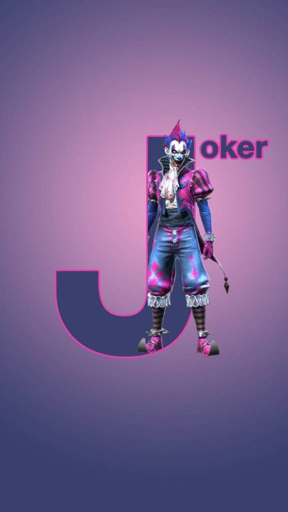 Free Fire Joker wallpaper with stylized J design purple gradient vibrant pink blue digital art