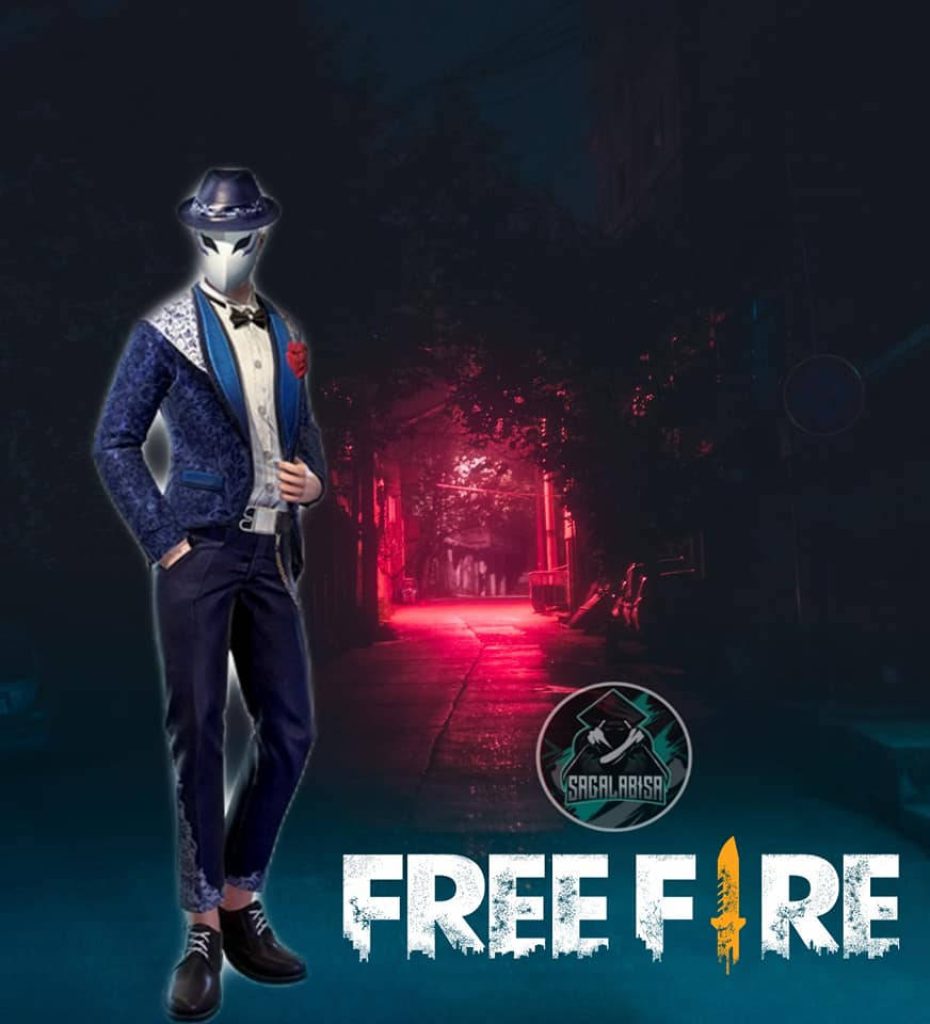 Free Fire wallpaper masked character in blue suit neon red cityscape gaming background