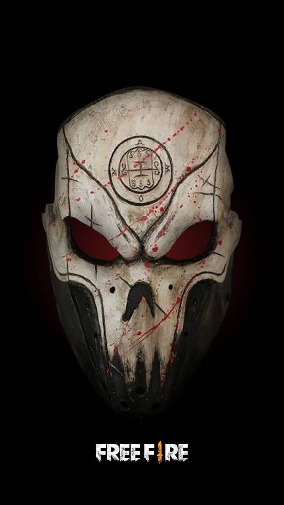 Free Fire wallpaper with weathered skull mask blood spatter red eyes mysterious sigil black background