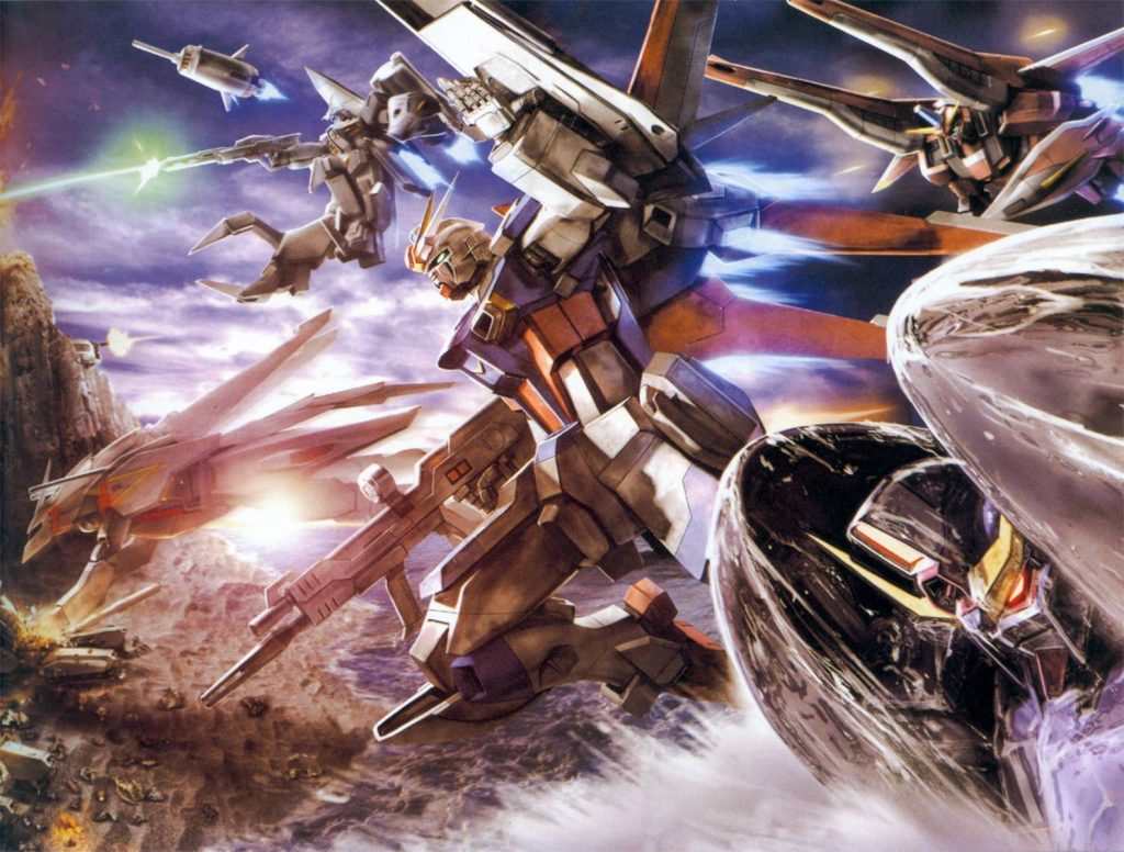 Freedom Gundam battles mobile suits with beam rifle at sunset in vivid Gundam SEED anime art Wallpaper