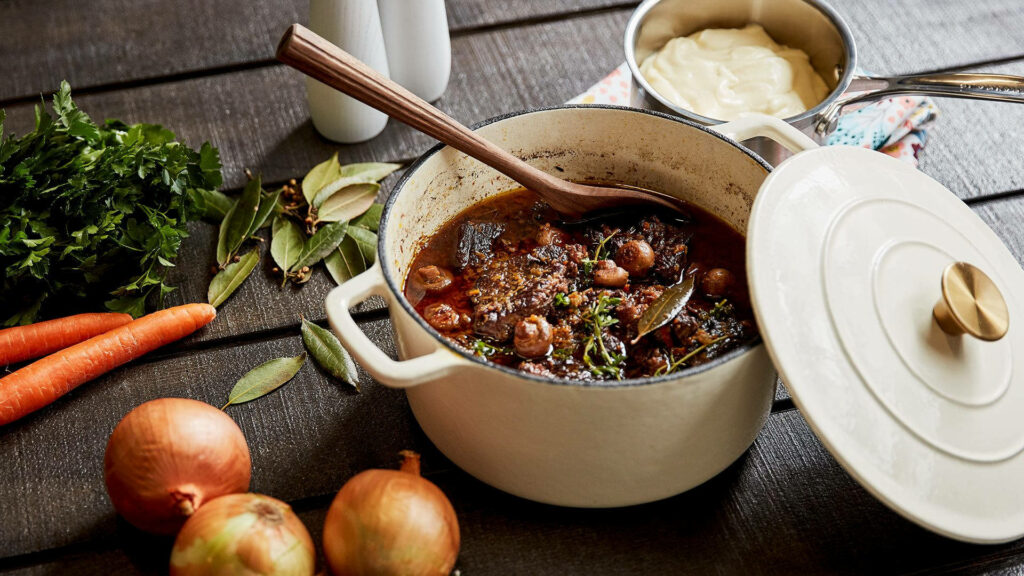 Delicious French Beef Bourguignon: Rustic Wallpaper Background