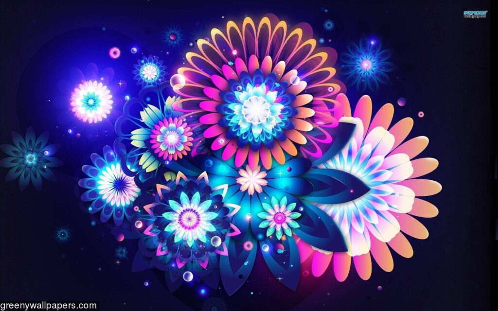 Abstract vector wallpaper with glowing blue magenta orange layered flowers on dark background