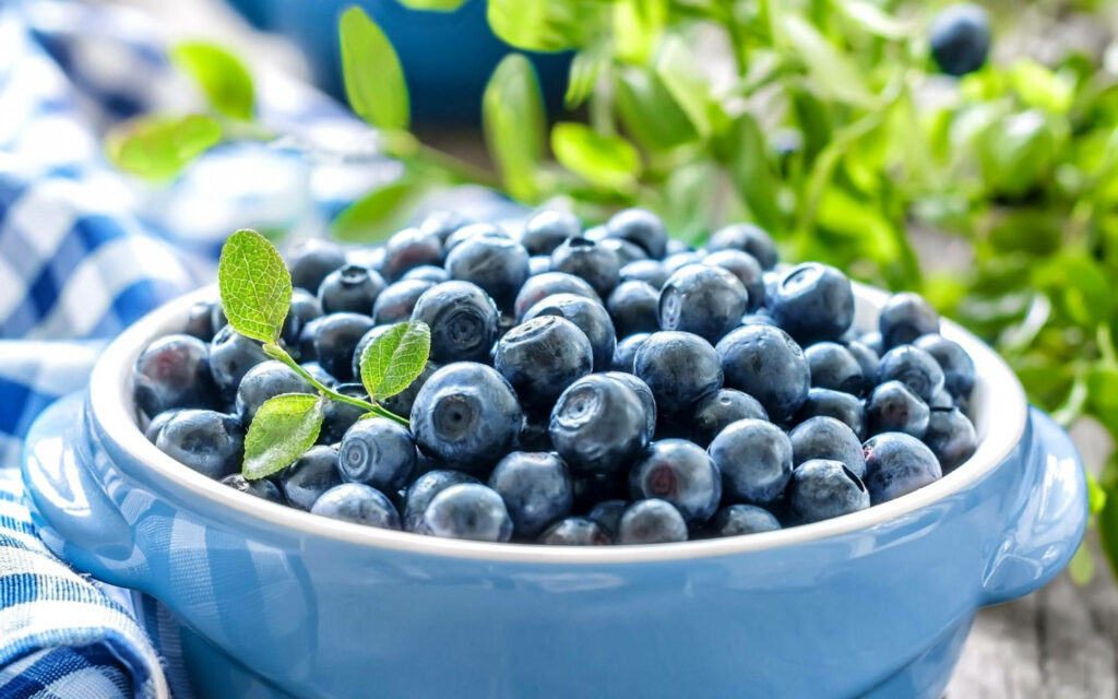Close up of fresh blueberries in blue ceramic bowl with natural background and checkered cloth Wallpaper