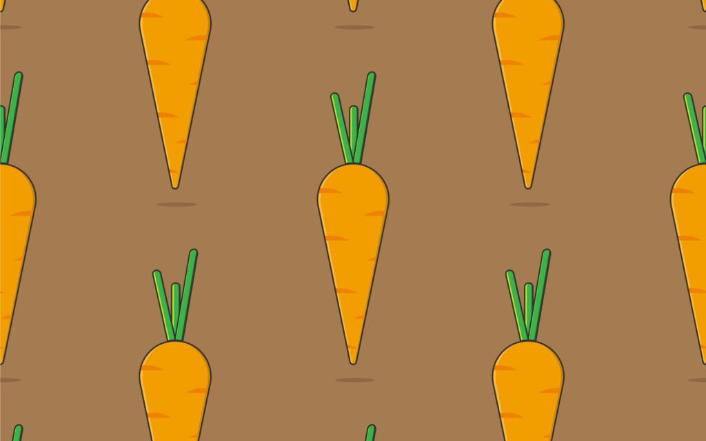 Playful carrot pattern wallpaper with green tops on brown garden background cartoon style