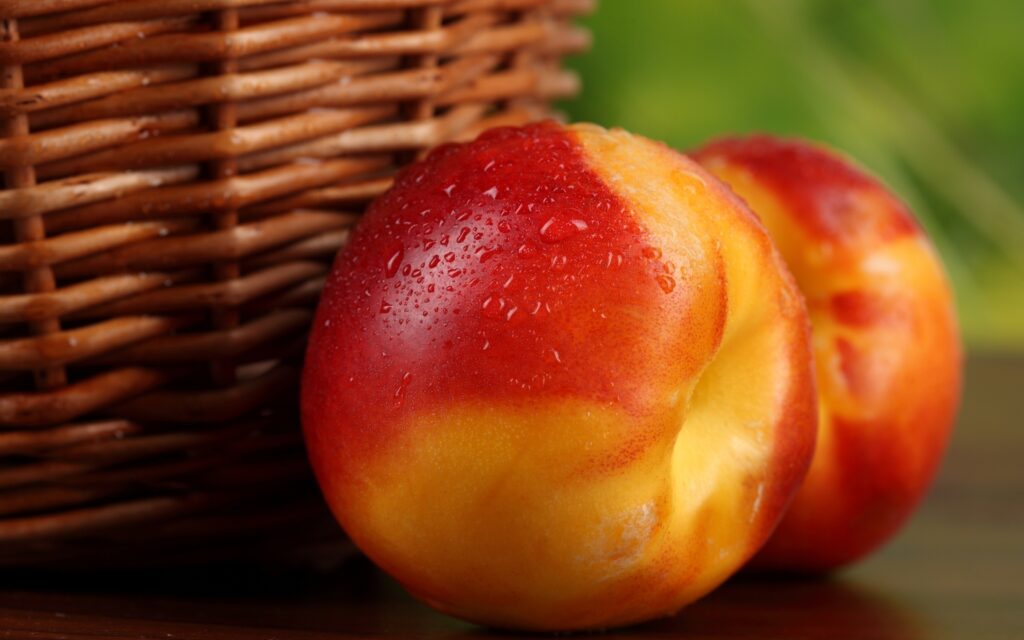 Fresh Dewy Nectarines & Wicker Basket: Nature Wallpaper Background