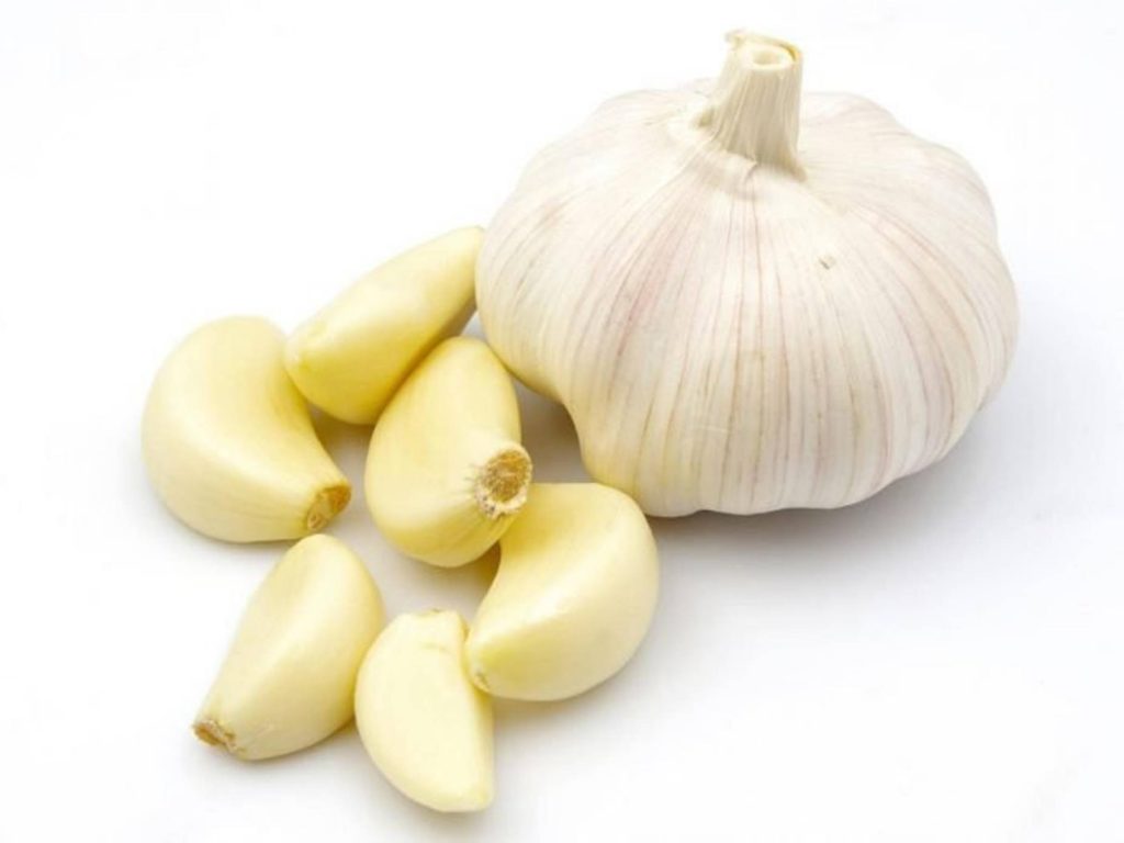Fresh garlic bulb and peeled cloves on white background high quality minimalist food photo Wallpaper