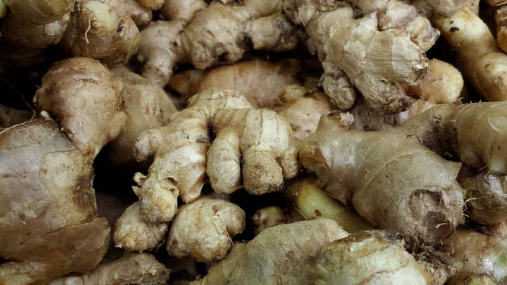 Close-up of fresh ginger roots pile showing textured knobby rhizomes in warm beige tones Wallpaper