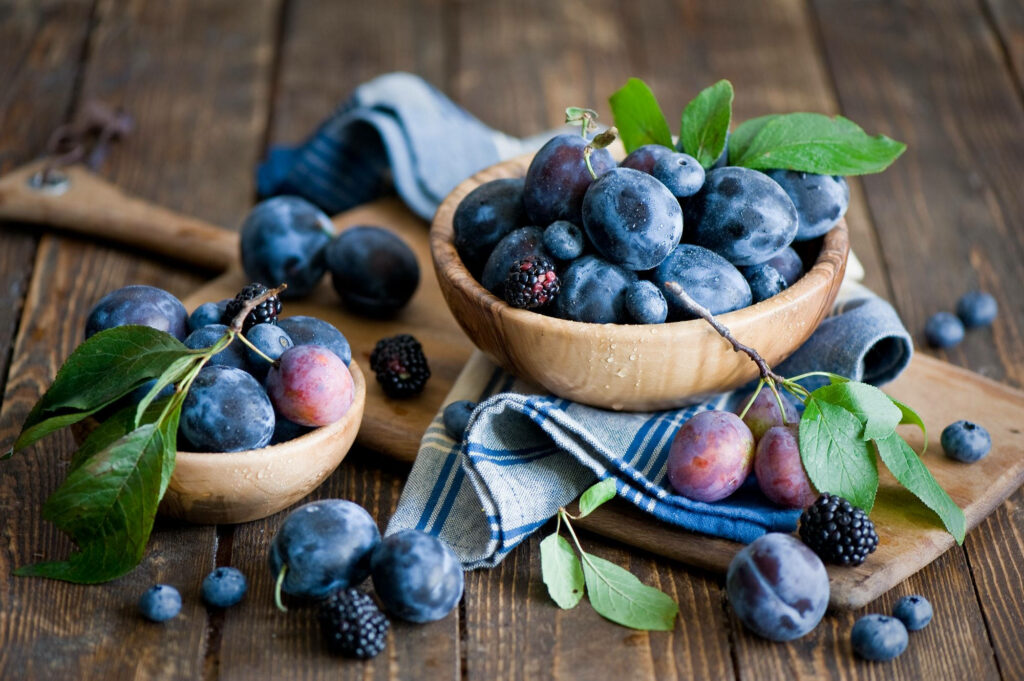 Delightful Fruit Wallpaper: Juicy Grapes, Blueberries & Rustic Charm