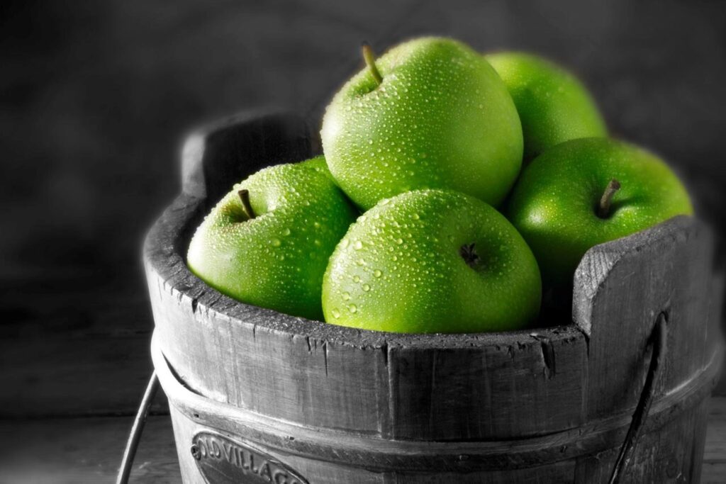Fresh Green Apples in Dewy Rustic Bucket - Wallpaper Background