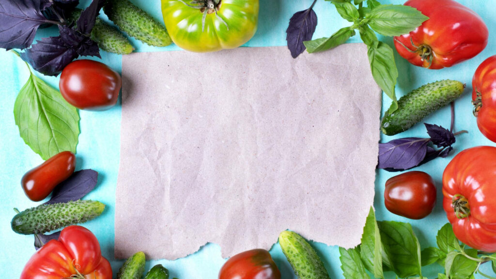 Vibrant Grocery Wallpaper: Fresh Tomatoes, Cucumbers & Basil Design