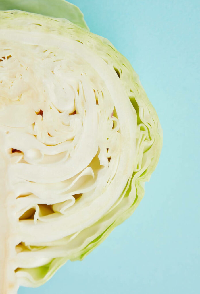 Close-up of fresh green and white cabbage layers on pastel blue background vibrant wallpaper