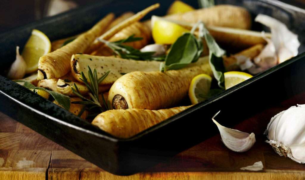 Fresh Parsnips & Garlic in Roasting Pan: Culinary Wallpaper Inspiration