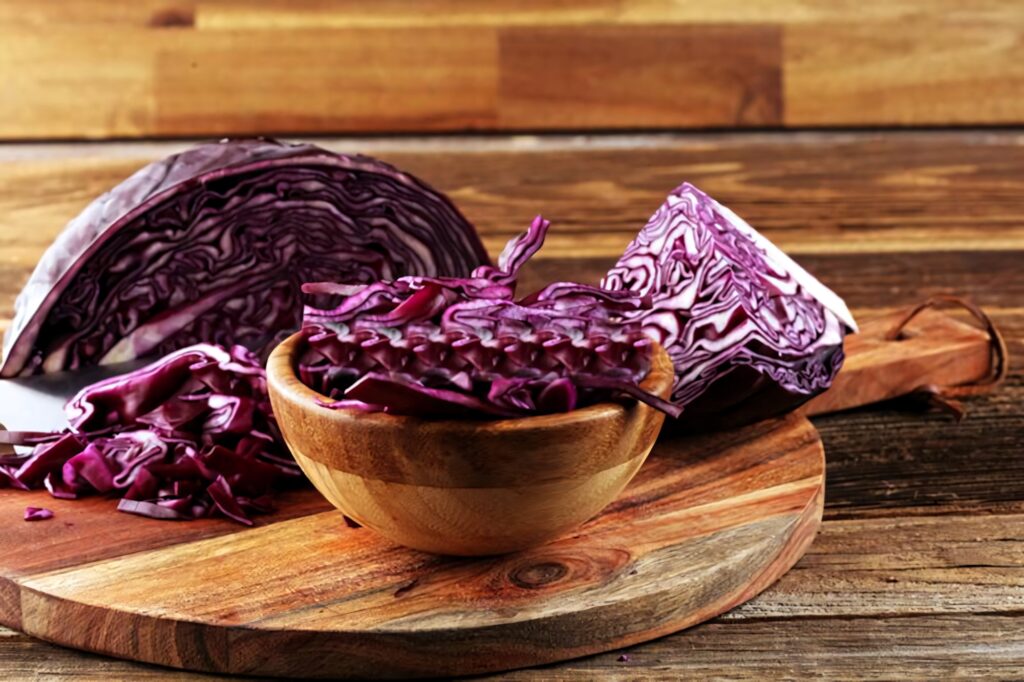 Fresh red cabbage strips in wooden bowl and rustic cutting board vibrant organic kitchen wallpaper