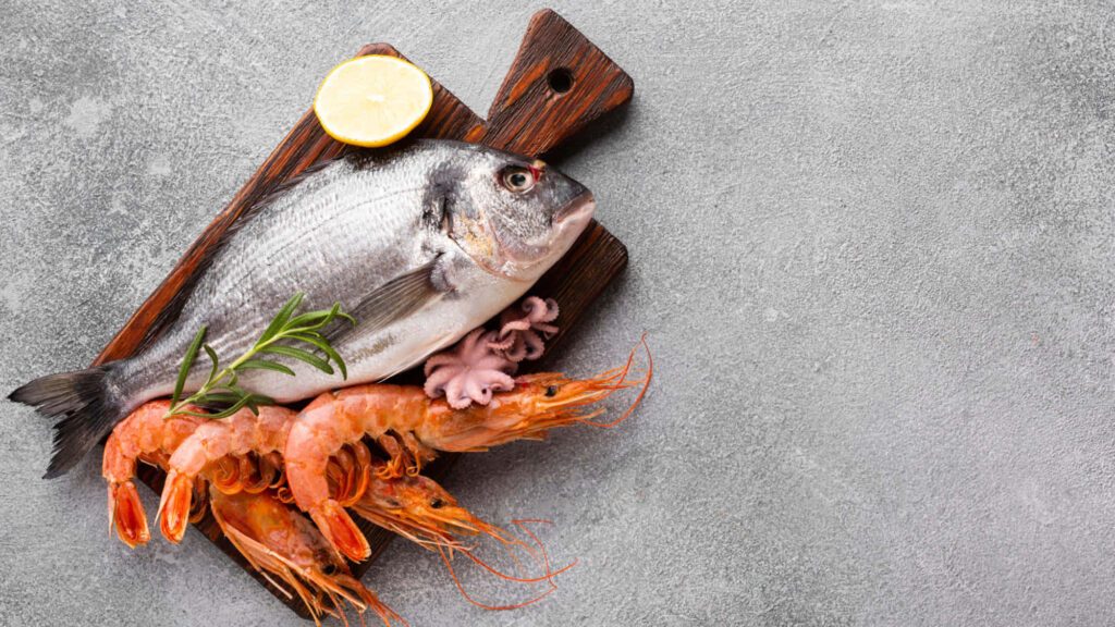 Fresh Seafood Platter with Fish, Shrimp & Octopus - Rustic Wallpaper