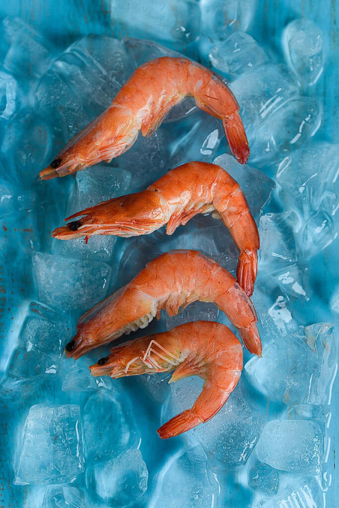 Vibrant Shrimp on Ice: Close-Up Wallpaper with Fresh Seafood Delight