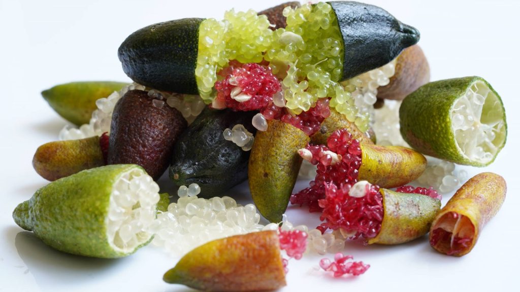 Macro close-up of fresh sliced finger limes with vibrant red and lime green caviar pulp on white Wallpaper