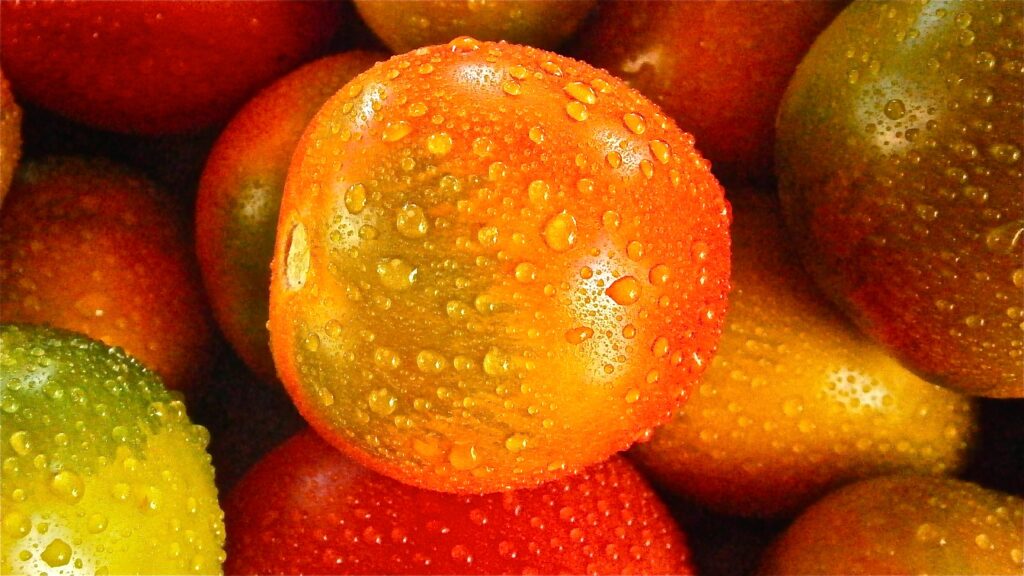 Vibrant Fresh Tomato Close-Up with Water Droplets - Wallpaper Background