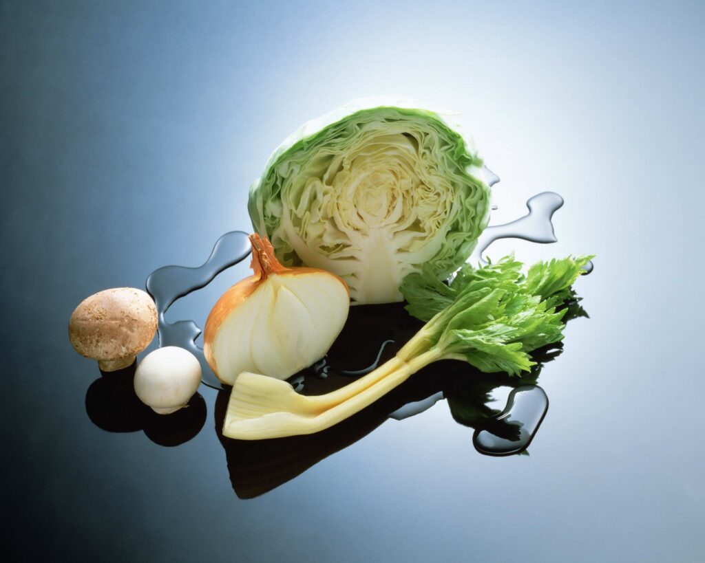 Fresh Vegetable Wallpaper: Cabbage, Onion, Mushrooms, Celery Design