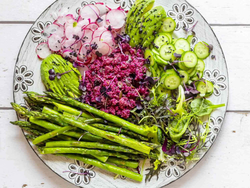 Vibrant Healthy Breakfast Spread: Grilled Asparagus & Greens Wallpaper