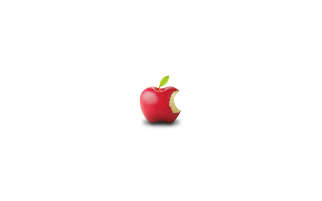 3D-rendered glossy red Apple logo with green leaf on white background tech wallpaper design