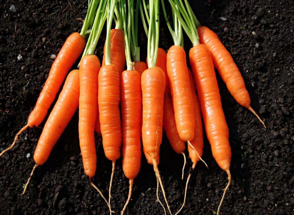 Freshly harvested vibrant orange carrots with green tops on dark soil black background wallpaper