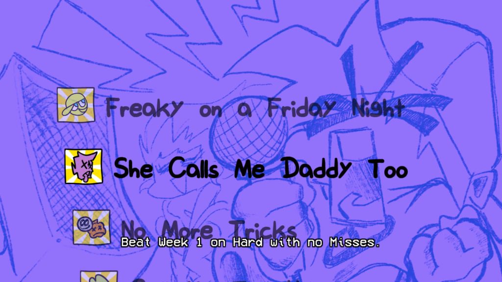 Friday Night Funkin achievement menu wallpaper with purple sketch style and Freaky on Friday