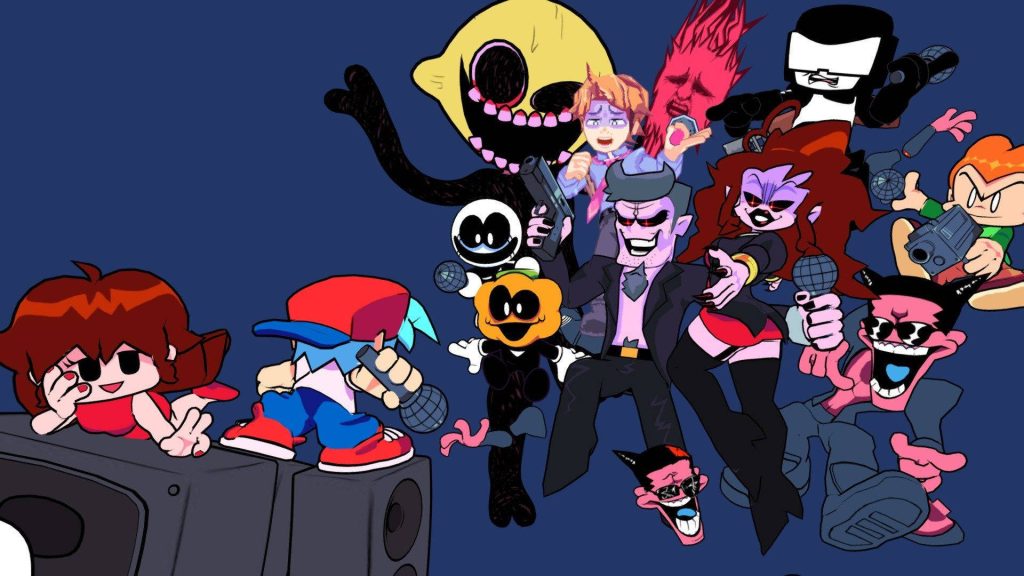 Friday Night Funkin digital art wallpaper with Boyfriend and Girlfriend battling iconic foes