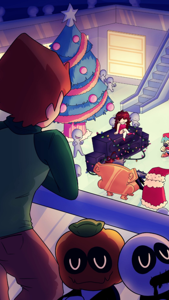 Friday Night Funkin holiday wallpaper Pico watches Skid Pump Boyfriend Girlfriend in festive snowy mall