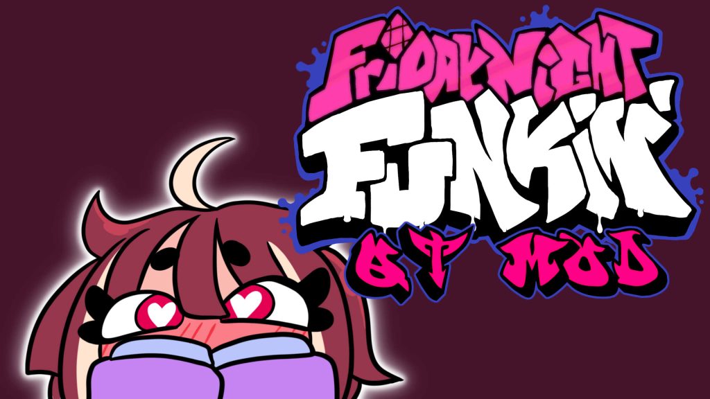 Friday Night Funkin Girlfriend with heart eyes on maroon background FNF logo wallpaper