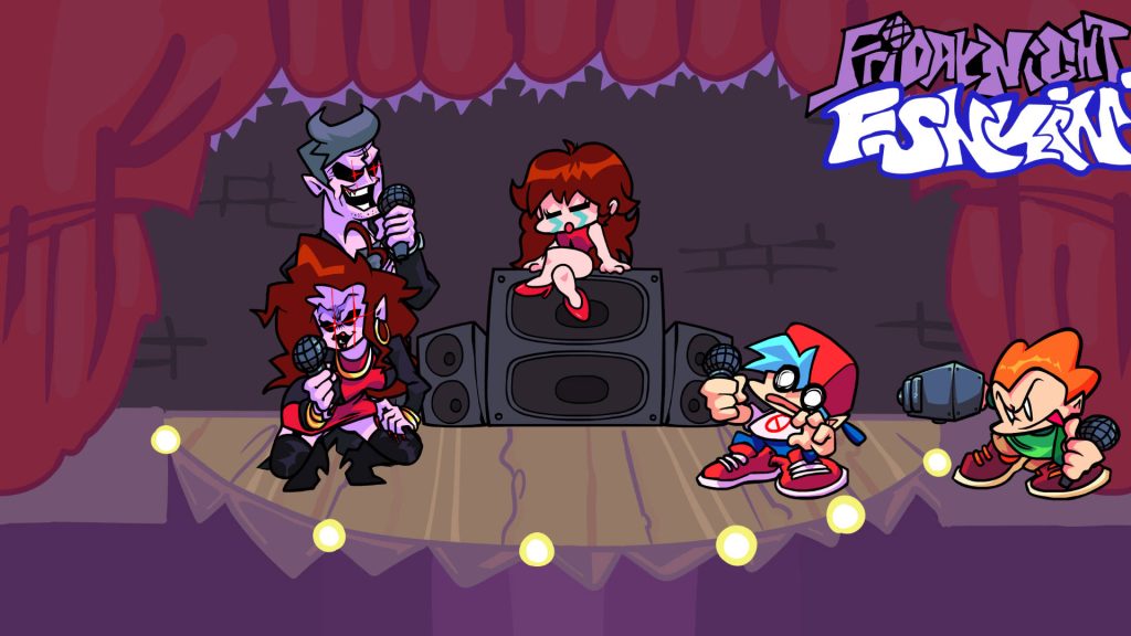 Friday Night Funkin wallpaper featuring Boyfriend Girlfriend Pico and Dearest family rap battle stage