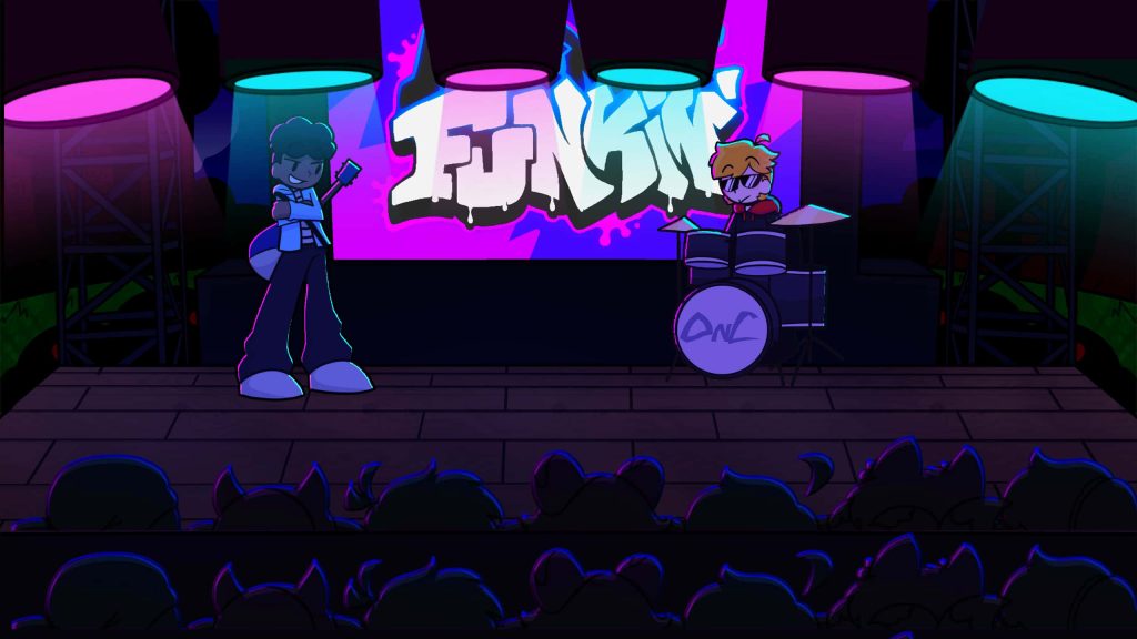 Friday Night Funkin band performing neon-lit stage vibrant digital art with crowd silhouette Wallpaper