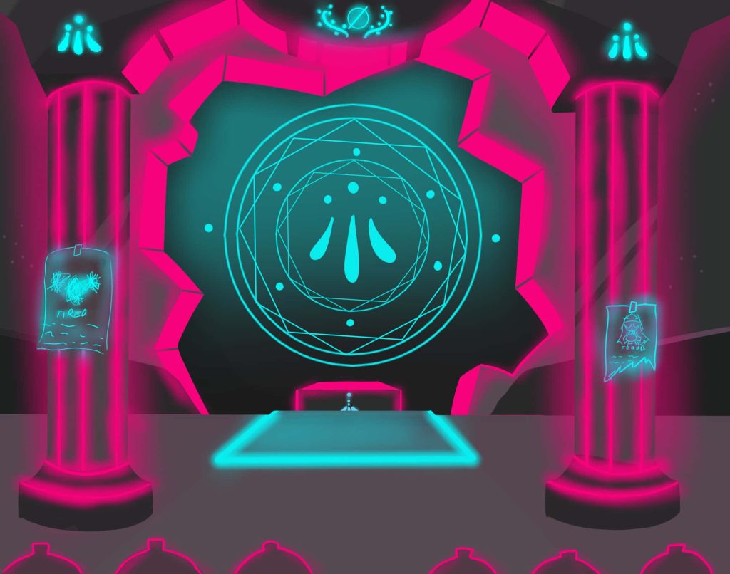 Friday Night Funkin digital art stage with neon pink pillars cyan magic circle and posters Wallpaper