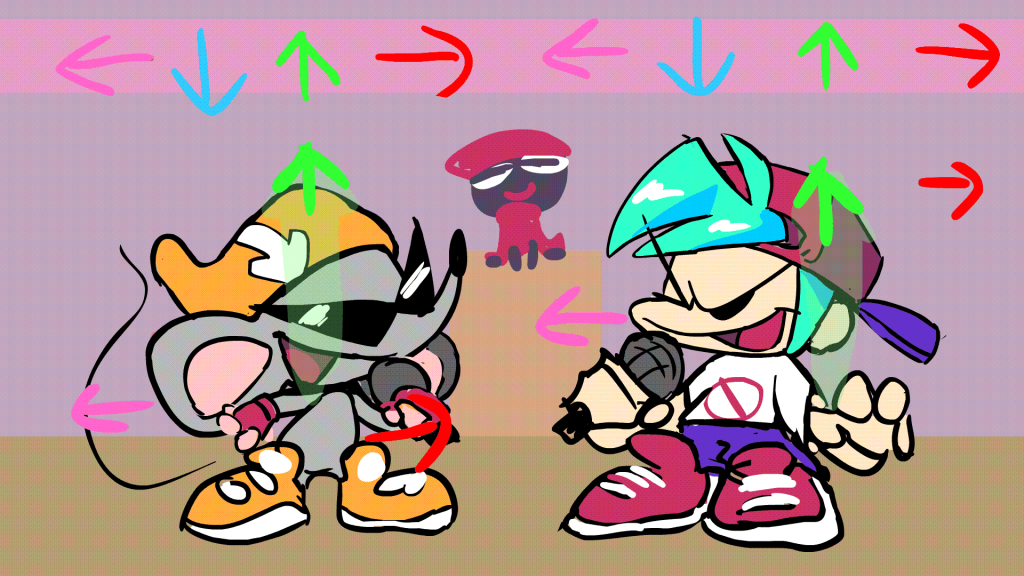 Friday Night Funkin rap battle Boyfriend versus Chuck E Cheese mod vibrant gameplay arrows wallpaper