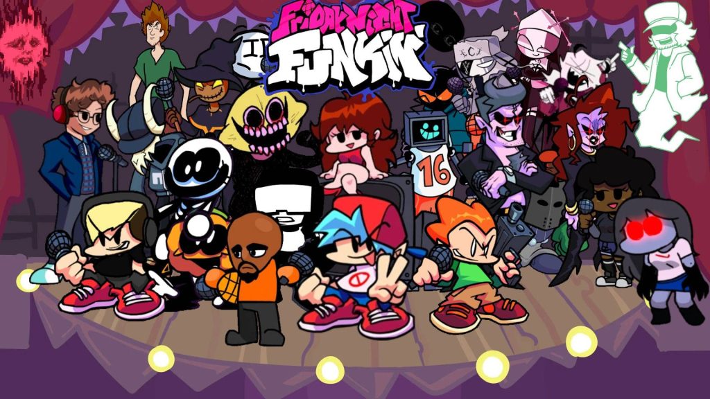 Friday Night Funkin characters on vibrant starry stage digital wallpaper background purple concert