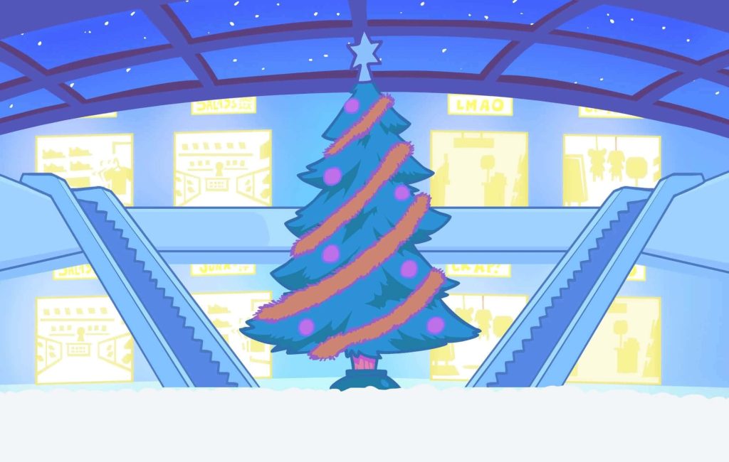 Friday Night Funkin Week 5 mall wallpaper with Christmas tree and blue escalators festive art