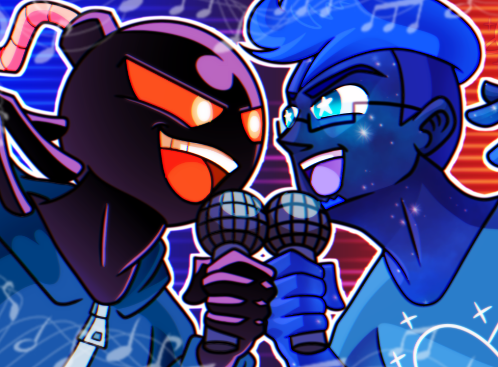 Friday Night Funkin wallpaper of Whitty versus Starcatcher in an energetic rap battle scene