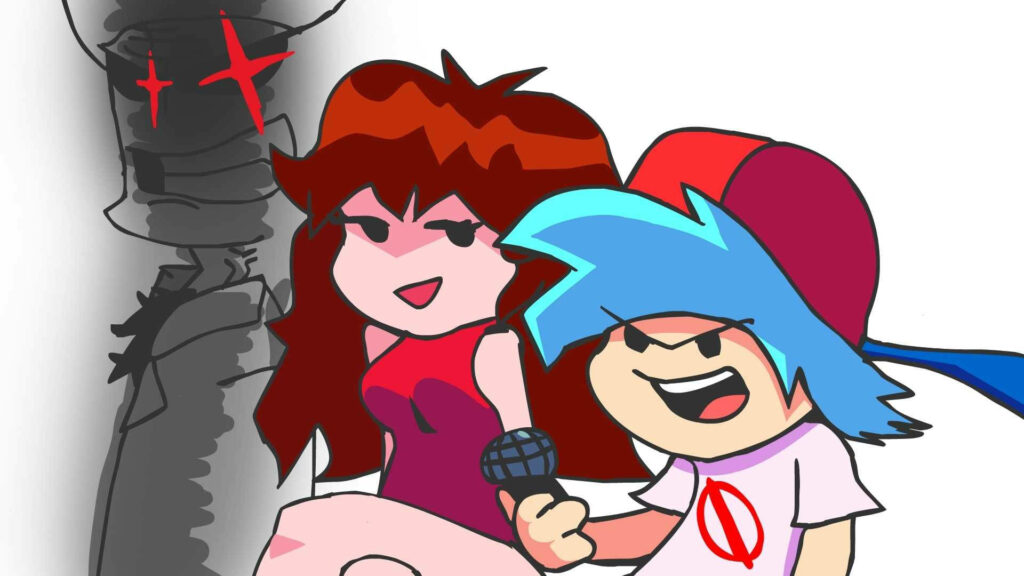 Fierce Encounter: Friday Night Funkin's Dynamic Trio Confronts Daddy Dearest in the Background Wallpaper