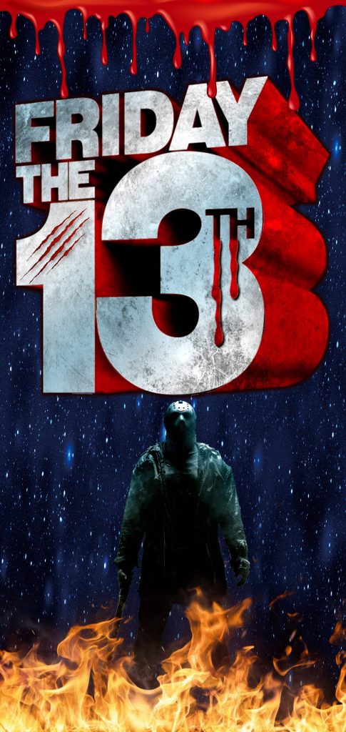 Jason Voorhees Friday the 13th wallpaper with hockey mask machete flames dark starry background