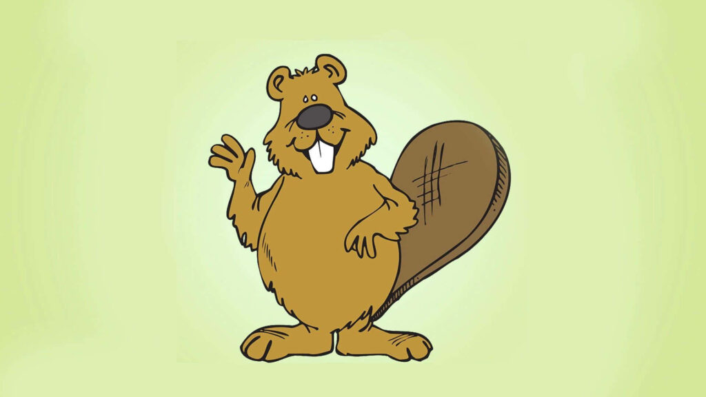 Cheerful cartoon beaver waving with large tail on light green background friendly wildlife illustration Wallpaper