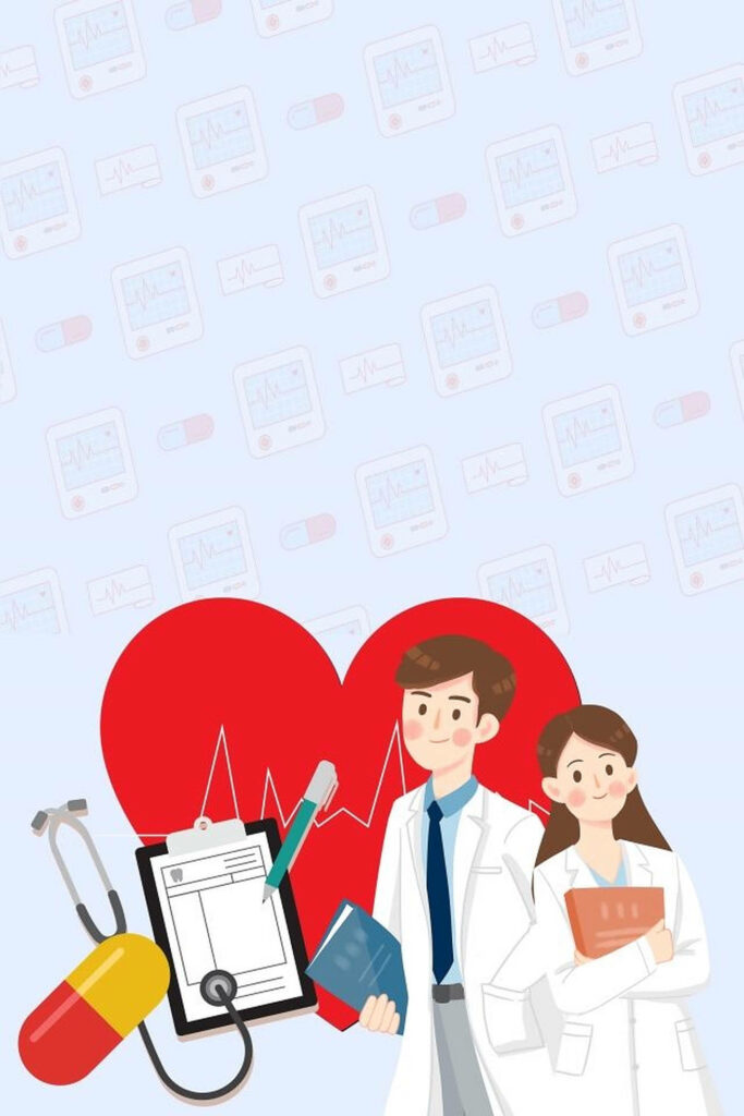 Cartoon male and female doctors with red heart and ECG line on blue medical icon background Wallpaper