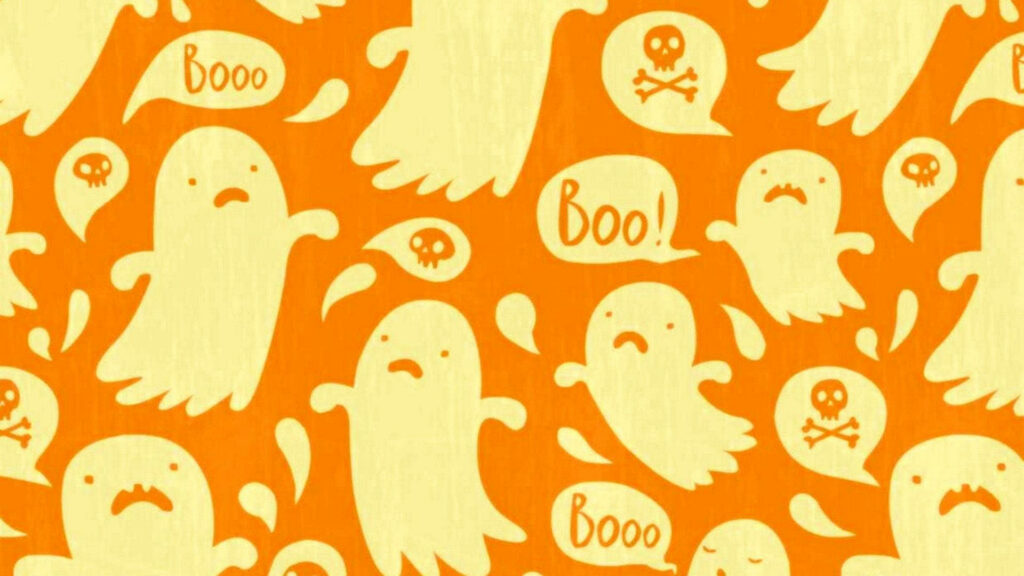 Cute and Charming Halloween Aesthetics: Playful Ghosts and Smiling Skulls on Vibrant Orange Canvas Wallpaper