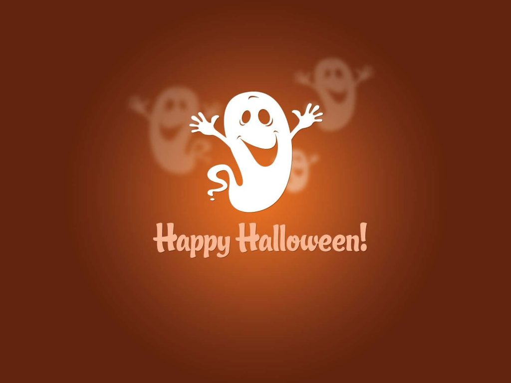 Friendly smiling cartoon ghost Halloween wallpaper with brown gradient and festive spirits background