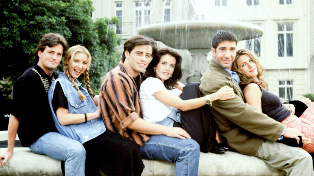 Friends TV Show Nostalgic Wallpaper: Iconic Cast by Fountain