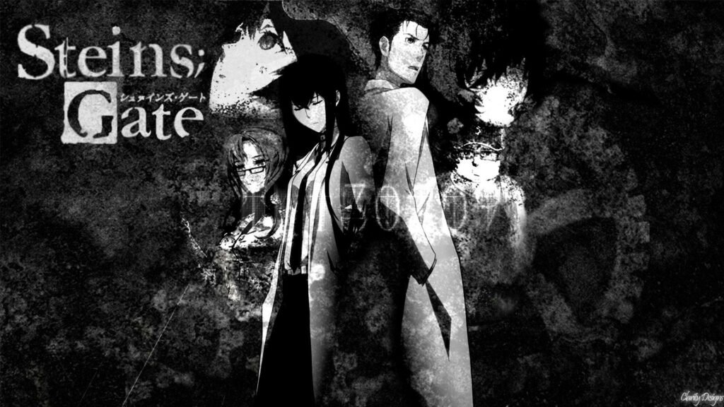 Grunge-Fueled Friendship: Makise, Okabe, and Friends Unleash Awesomeness in Animated Steins Gate Poster Wallpaper