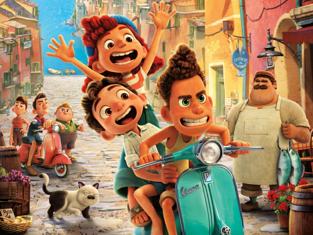 Exploring with Friends: A Joyful Ride through the Pixar Luca Village Wallpaper