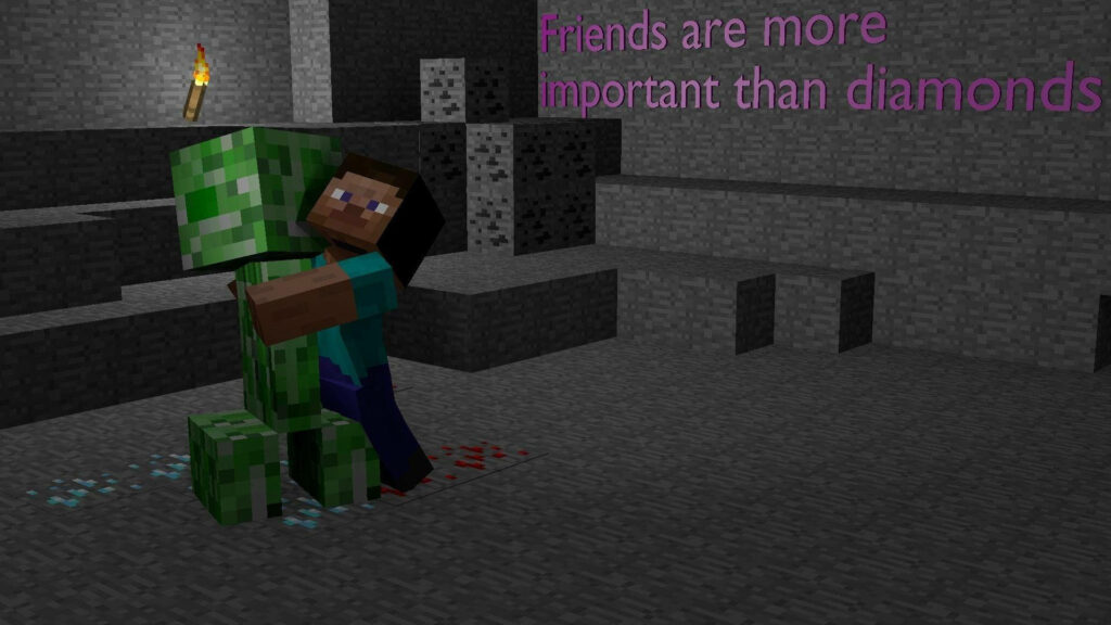 Minecraft wallpaper Steve hugs Creeper in torchlit cave with glowing redstone friendship quote