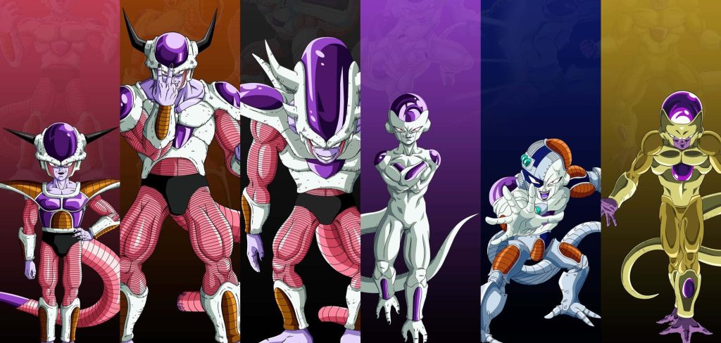Frieza Dragon Ball transformation collage six-panel anime wallpaper golden final form background